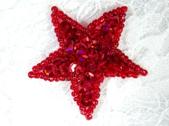 JB71 Silver Star Beaded Sequin Applique Iron on Patch Hot Fix Motif   1.5"