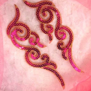 GB350 Sequin Appliques Fuchsia Gold Scroll MIRROR PAIR  Metallic Iron On Patch 7"  (GB350X-fsgl)
