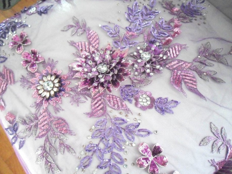 Embroidered 3D Applique Fabric Lavender Mauve Sequin Rhinestone Floral Design Dance Costume Fabric DH78-Lvmv