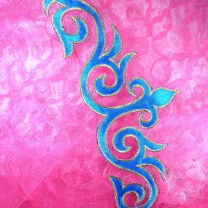 GB276 Embroidered Applique Turquoise Gold Metallic Iron On Designer Patch 9.25"  (GB276-trgl)