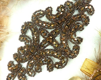 JB159 Designer Bronze Beaded Applique DIY Iron On Hot Fix 6" (JB159-bz)