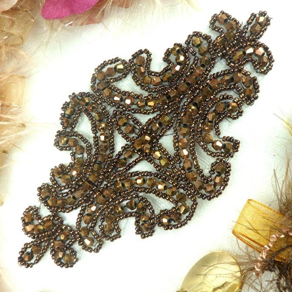 JB159 Designer Bronze Beaded Applique DIY Iron On Hot Fix 6" (JB159-bz)