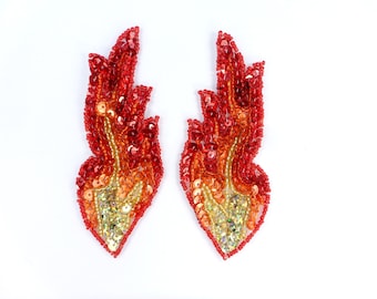 Flame Appliques Fire Red Orange Gold Beaded HOLOGRAPHIC Sequin Mirror Pair Flames Dance Costume Patch 4" JB262X