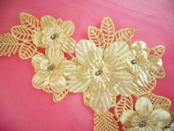 Venice Lace 3D Gold Applique Floral Venise Lace with Crystal Rhinestones  and Pearls