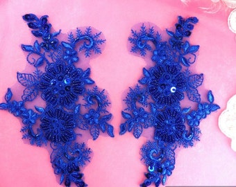 Appliques Floral Venise Lace Blue Mirror Pair Sequin Beaded 7" (DH50X-bl)