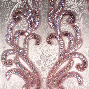 0170 Appliques Mauve Holographic Mirror Pair Sequin Beaded 9" (0170X-mvh)