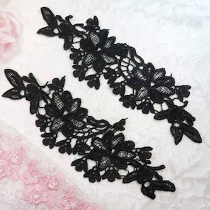 Embroidered Lace Appliques Black Floral Venice Lace Mirror Pair 10&quot; (DH87X-bk)
