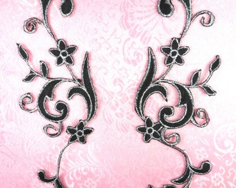 GB90 MIRROR PAIR Black Silver Metallic Flower Vine Iron On Designer Embroidered Applique 9&quot; (GB90X-bksl)