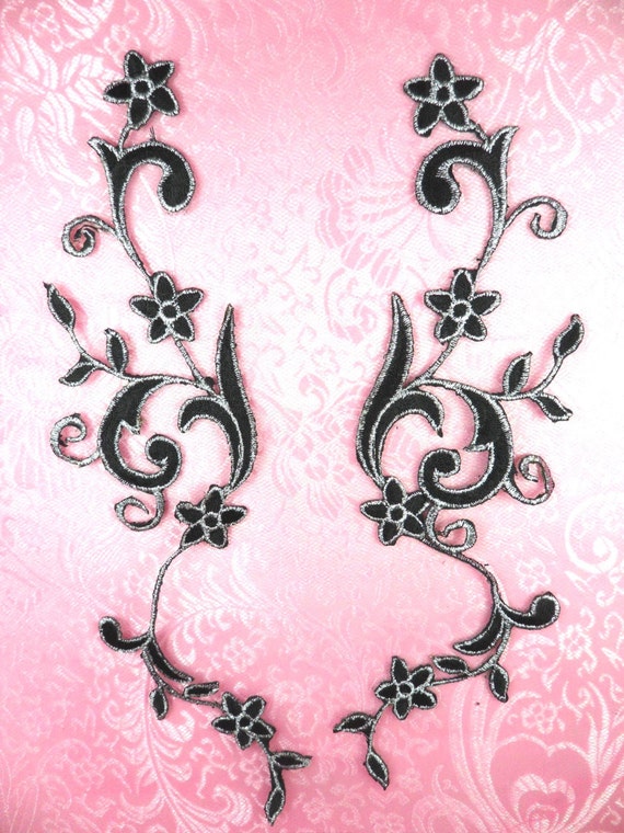 GB90 Embroidered Applique Brown Silver Flower Mirror Pair Vine Iron On 9/"