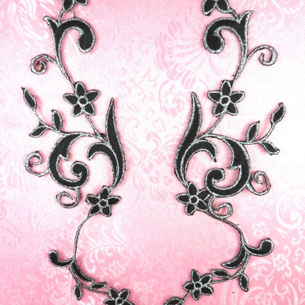 GB90 MIRROR PAIR Black Silver Metallic Flower Vine Iron On Designer Embroidered Applique 9" (GB90X-bksl)