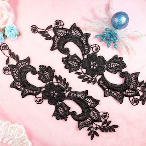 Embroidered Lace Appliques Black Floral Venice Lace Mirror Pair 10.5&quot; (DH90X-bk)