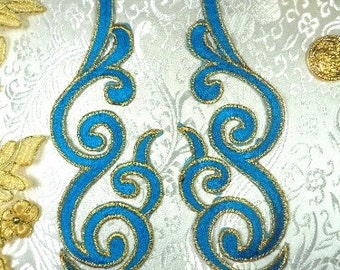 GB89 Embroidered Applique MIRROR PAIR Turquoise Gold Scroll Metallic Iron On Patch 6.75"  (GB89X-trgl)