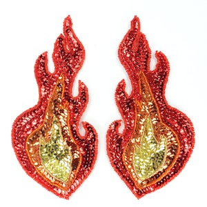 Flame Appliques Red Orange Fire Sequin Beaded MIRROR PAIR Dance Costume Patch Sew or Iron on Round Bottom 7&quot; JB299X