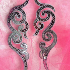 GB350 Sequin Appliques Silver Scroll MIRROR PAIR  Metallic Iron On Patch 7"  (GB350X-sl)