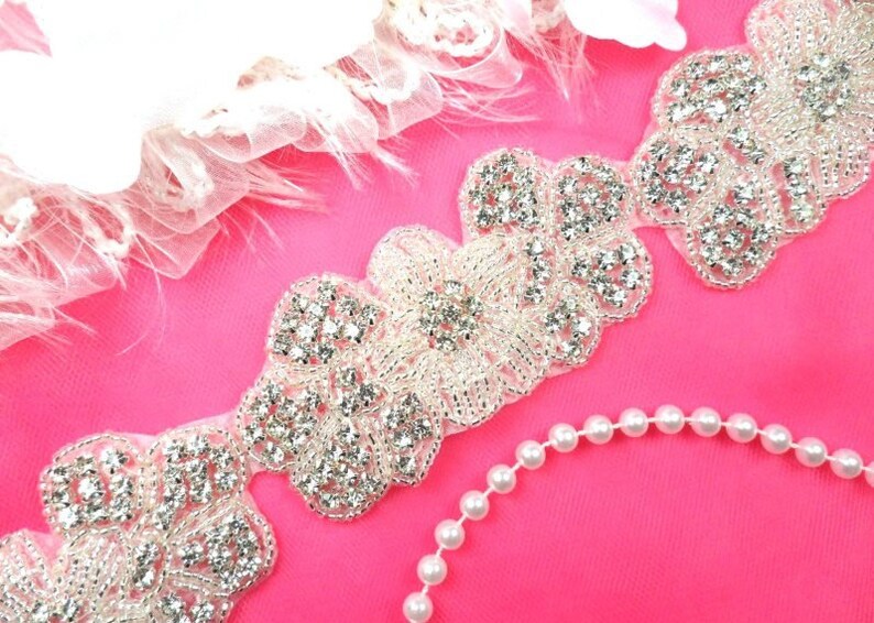 DH55-slcr Flower Trim Silver Beaded Crystal Rhinestone Floral 2