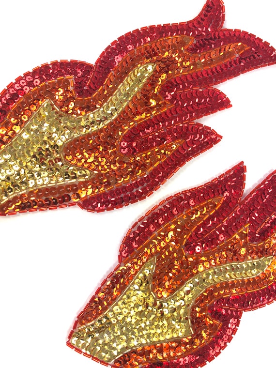 Appliques Flames Fire Red Orange Gold Sequin Beaded MIRROR PAIR Patch 4/" JB262X