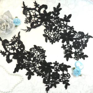 Appliques Embroidered Lace Black Floral Venice Mirror Pair Motifs Craft Sewing Supplies DIY 12.5&quot; (DH79X-bk)