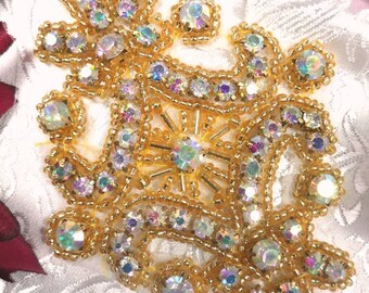 JB18 Aurora Borealis Iron on Hot Fix Gold Crystal AB Rhinestone Beaded Applique 4"(JB18-glcab)