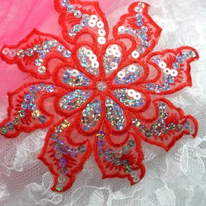 GB119 Red Embroidered Flower Silver AB Sequin Applique 5.25&quot; (GB119-rd)