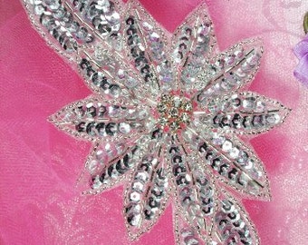 JB25 Silver Floral Rhinestone Beaded Sequin Applique 6.5"  Perfect for lovely Headbands JB25-sl