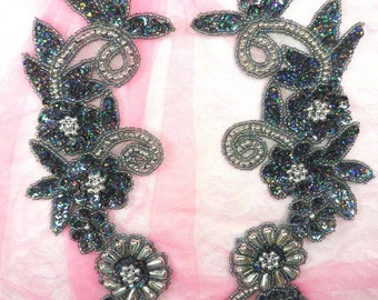 0183 Appliques Mirror Pair Sequin Beaded Gunmetal Holographic Silver 10" (0183-hgmsl)