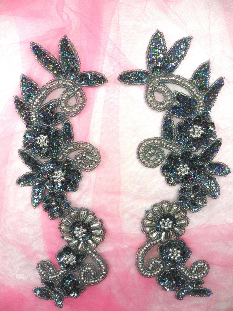 0183 Appliques Mirror Pair Sequin Beaded Gunmetal Holographic Etsy