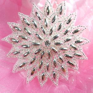 XR33 Snowflake Star Applique Silver Beaded Sewing Patch  3.25&quot; (XR33-sl)