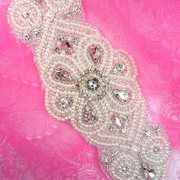 XR253 Elegant Bridal Motif Silver Crystal Clear Rhinestone Applique w/ Pearls 7" (XR253-slcrp)