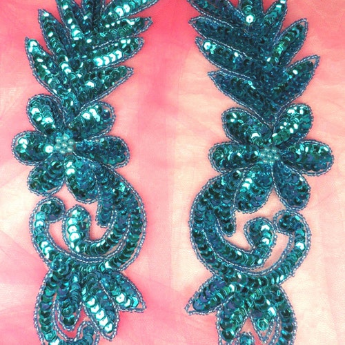 Sequin Appliques Deep Blue Turquoise Beaded Edge Mirror Pair Etsy