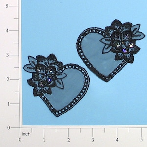 E2704 Heart  Appliques  Venise Lace Mirror Pair Black Iris (E2704-bk)