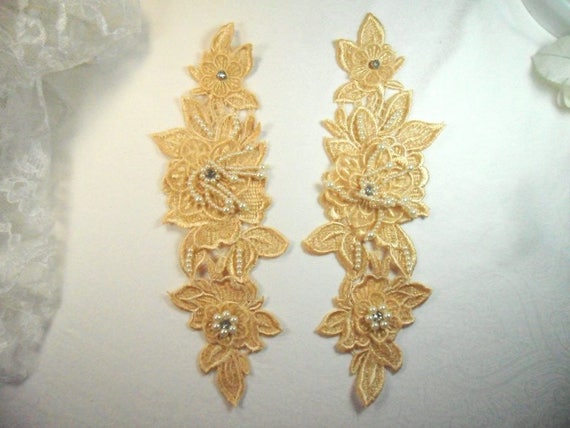 Venice Lace 3D Gold Applique Floral Lace with Crystal Rhinestones 9/" DH102X