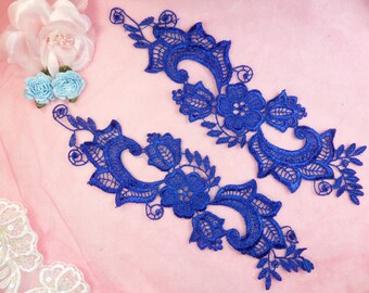 Embroidered Lace Appliques Blue Floral Venice Lace Mirror Pair DIY Sewing Craft Motifs 15 DH80X-bl