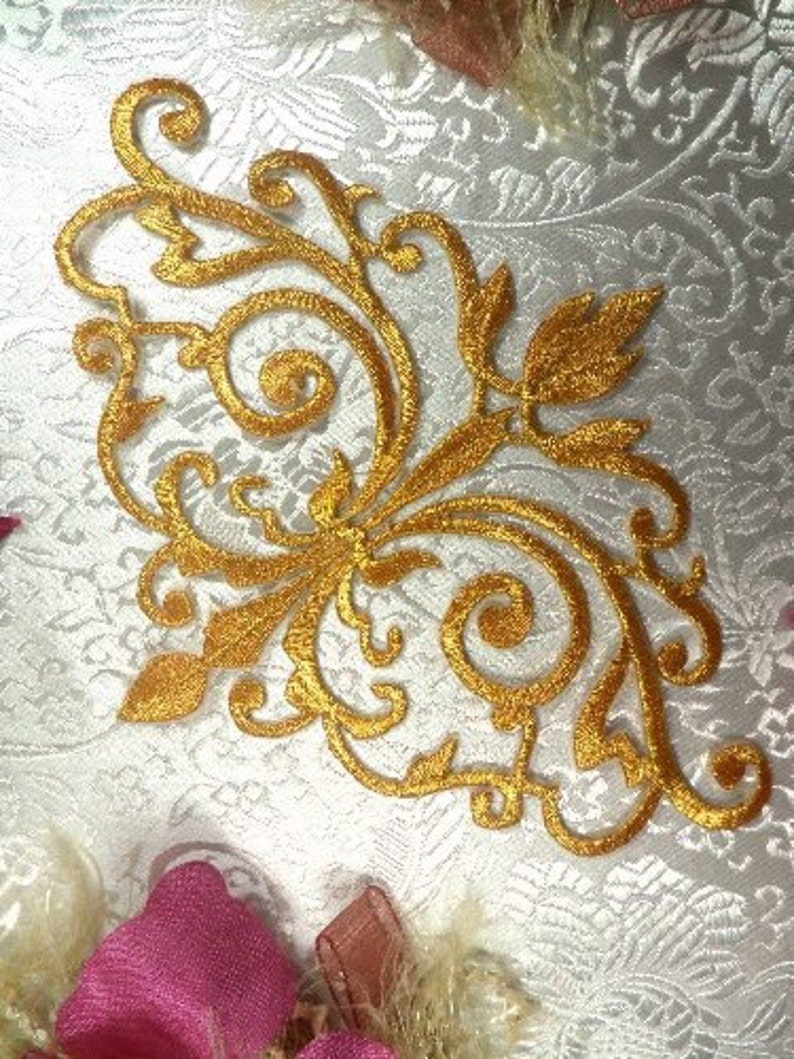 GB56 Embroidered Applique Gold Metallic Iron On Designer Patch 6.5 GB56-gl image 1