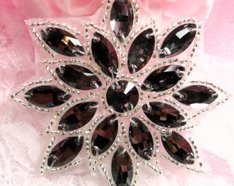 N19 Applique Gunmetal Glass Rhinestone Silver Beaded Snowflake Flower 2.75" (N19-gmsl)