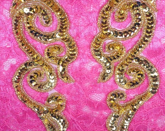 JB233 Sequin Appliques MIRROR PAIR Gold Scroll Patch 7"  (JB233X-gl)