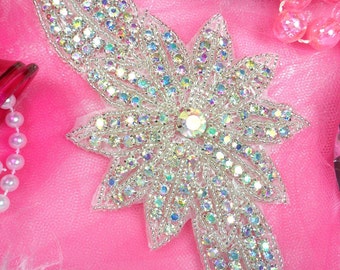 JB33 Silver Beaded Floral Aurora Borealis Crystal AB Rhinestone Applique 6.5"  (JB33-slcab)