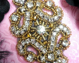 XR15 Black Backing Gold Beaded Crystal Clear Rhinestone Applique 4" (XR15-bkglcr)