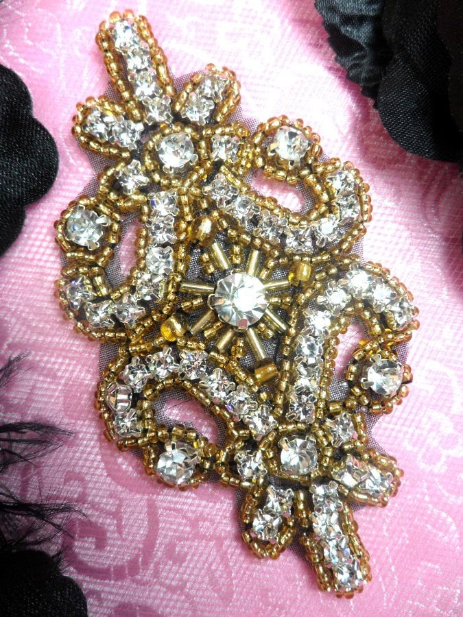 XR15 Black Backing Gold Beaded Crystal Clear Rhinestone Applique 4&qu…