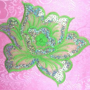 Lime Green Embroidered Flower Silver AB Sequin Applique 6.5" GB66-lmsl