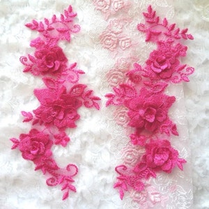 DIY Dance Costume 3D Appliques Fuchisa Floral Embroidered Venice Lace Mirror Pair 10.5" Craft Supplies (DH65X-fs)