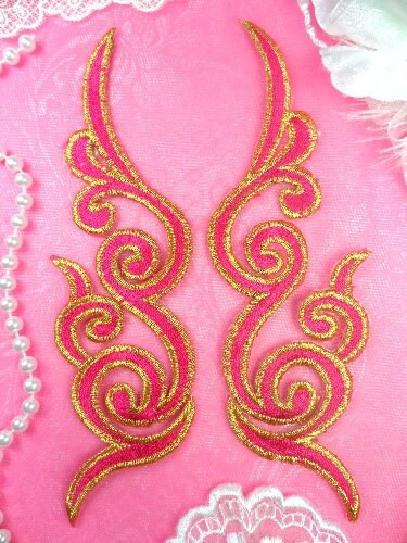 GB89 Embroidered Appliques MIRROR PAIR Fuchsia Gold Scroll