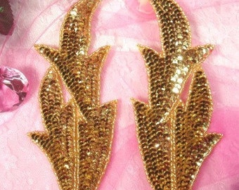 0299 Gold Leaves Mirror Pair Beaded Sequin Appliques 7 "Sewing Crafts Bridal Motif 0299X-gl