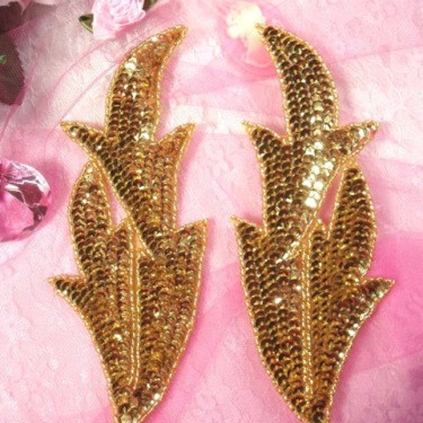 0299 Gold Leaves Mirror Pair Beaded Sequin Appliques 7 "Sewing Crafts Bridal Motif 0299X-gl