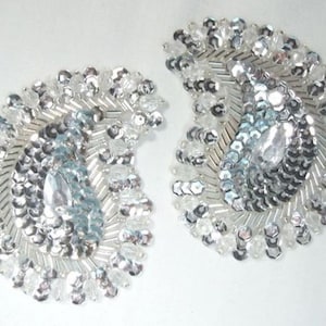 0361 Silver Paisley Mirror Pair Beaded Sequin Appliques 3.25&quot; (0361X-sl)