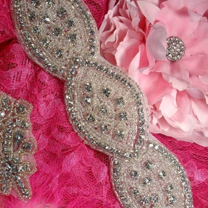 Triple Eye Silver Beaded Crystal Rhinestone Applique 8.5&quot; Great for Bridal Sashes and Accessories