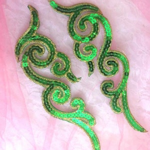 GB350 Sequin Appliques Green Gold Scroll MIRROR PAIR  Metallic Iron On Patch 7&quot;  (GB350X-grgl)