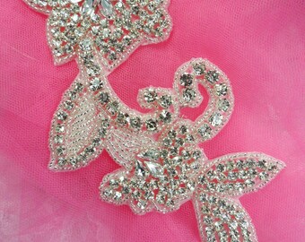 JB185 Flower Crystal Rhinestone Applique Silver Beaded Floral 7.5" (JB185-slcr)