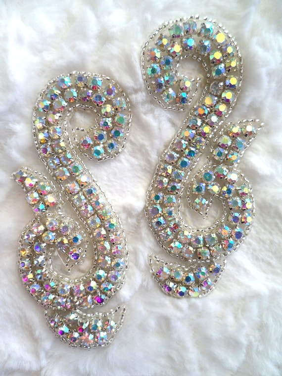 ACT//XR130//A Crystal Rhinestone Mirror Pair Silver Beaded Appliques ~ Crafts