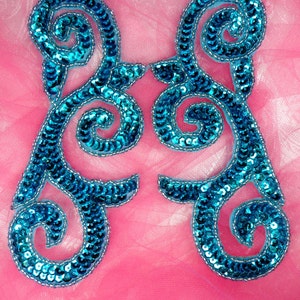 JB239 Sequin Appliques MIRROR PAIR Turquoise Scroll Patch 6.5&quot;  (JB239X-tr)