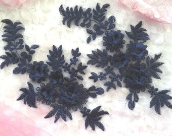 3D Embroidered Bridal Appliques Navy Blue Floral Venice Lace Mirror Pair 8.25" Sewing Supplies DIY (DH68X-nv)